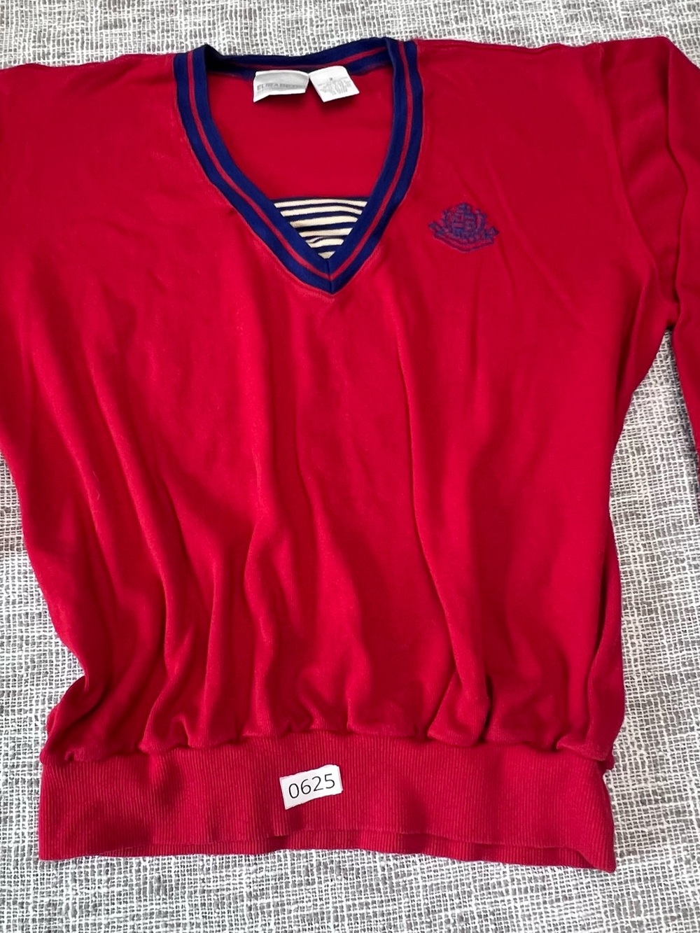 Liz Claiborne Red V-Neck Sweater with Navy Trim